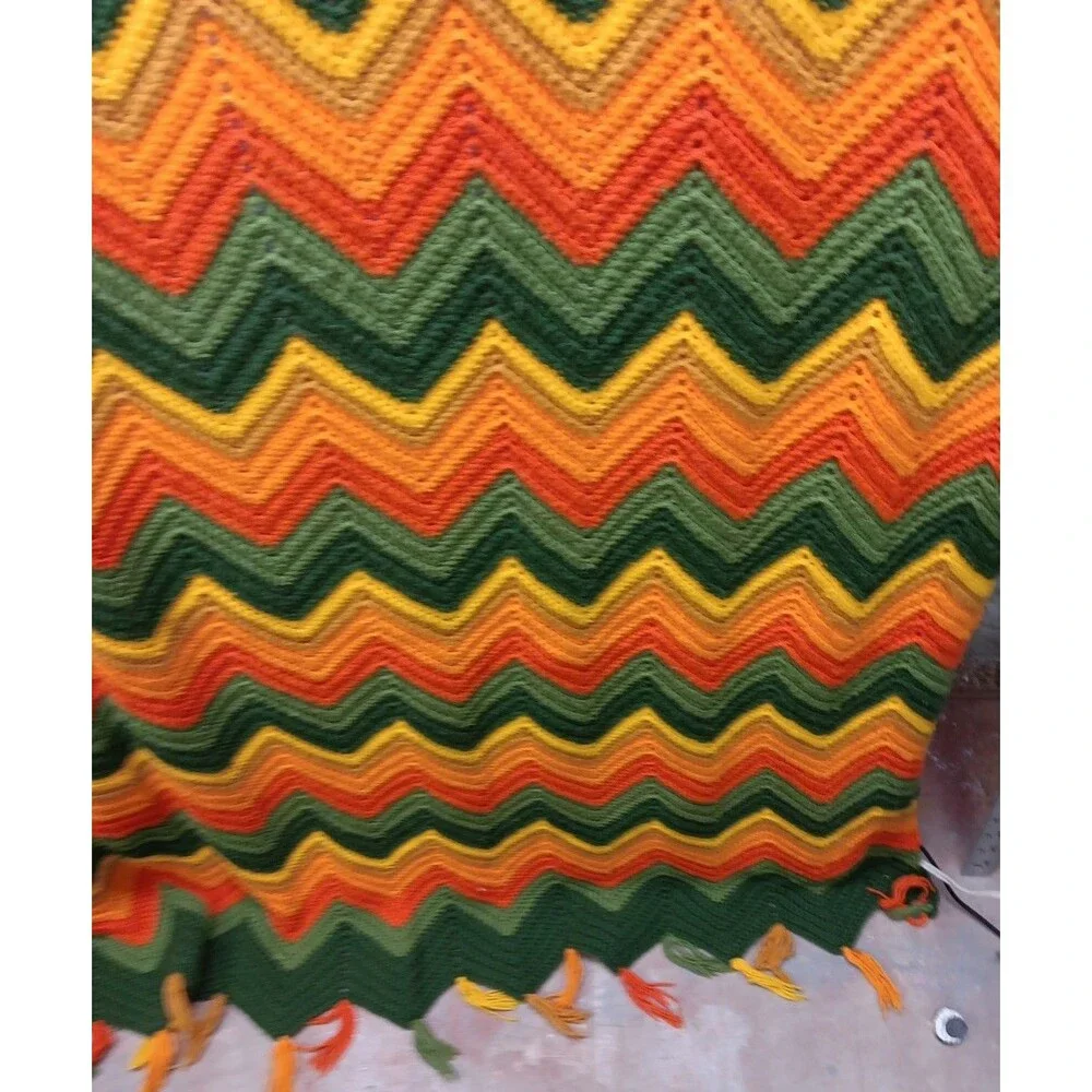 Vintage Zig Zag Chevron Afghan 70s Style Crochet 51” x 84”